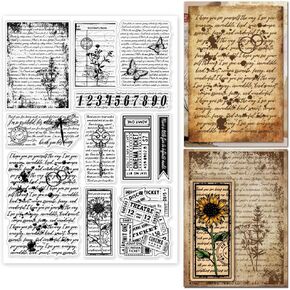 GLOBLELAND Vintage Text Background Clear Stamps for Cards Making Retro Flowers Butterfly Clear Stamp Seals 5.83x8.27inch Transparent Stamps for DIY Scrapbooking Photo Album Journal Home Decoration