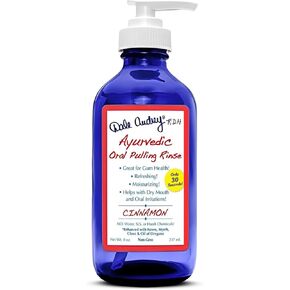 Ayurvedic Oil Pulling for Teeth and Gums | Organic Cinnamon Flavored Oral Rinse Mouthwash | Natural Essential Oils | Cobalt Glass Bottle Pump for Teeth Whitening and Fresh Breath | (8Oz)