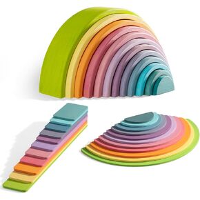 Wooden Rainbow Stacker Set - Rainbow Stacking Toy Set with Rainbow Stacker, Semicircle, Building Board - Waldorf Wooden Open Ended Stacking Toys - Great for as a Gift (A-Rainbow-3 Pack)