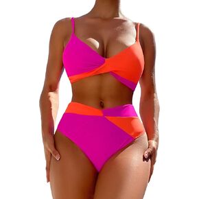 GORGLITTER Women's Color Block High Waisted Bikini Set Twist Beach Summer Swimsuits Cute Bathing Suit