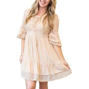 Anna-Kaci Womens Boho Peasant Floral Lace Ruffle Hem Bell Sleeve Mini Dress