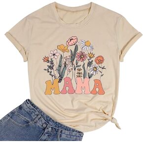 Wildflowers Mama قميص المرأة ريترو الأزهار الجرافيك أمي التي شيرت عادية فضفاضة قصيرة الأكمام بلايز المحملة