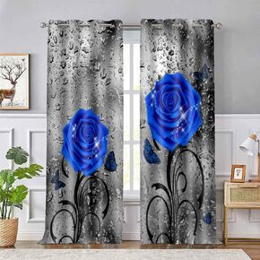 Blue Rose Print Curtains for Living Room Bedroom, 42x63 Inches Polyester, Floral Raindrops Gray Art Blackout Thermal Insulated Drapes, 2 Panels CLOKEO0149