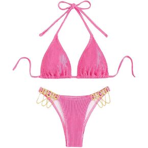 OYOANGLE Women's 2 Piece Bikini Set Rhinestone Triangle Halter Swimsuit High Cut Bathing Suits