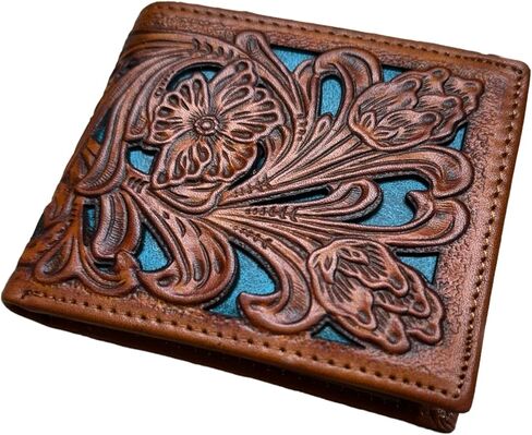 Urbalabs Mens Western Wallet Floral Cutout Layered Leather Brown Teal Soft Leather Checkbook Style Cowboy Hand Crafted High End Mens Wallets Leather Bull Rider Rodeo Gifts For Men in Saudi Arabia
