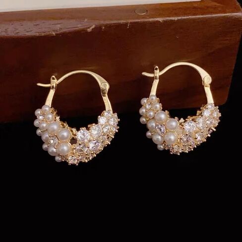 لؤلؤة الزركون هوب أقراط للنساء الفتيات 14K مطلية بالذهب مكعب زركونيا الأزياء لذيذ الحلو مكتنزة الأطواق القرط هيبوالرجينيك تشيكوسلوفاكيا مجوهرات هدايا عيد الميلاد in Kuwait