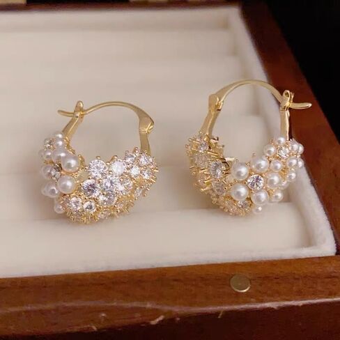 لؤلؤة الزركون هوب أقراط للنساء الفتيات 14K مطلية بالذهب مكعب زركونيا الأزياء لذيذ الحلو مكتنزة الأطواق القرط هيبوالرجينيك تشيكوسلوفاكيا مجوهرات هدايا عيد الميلاد in Kuwait