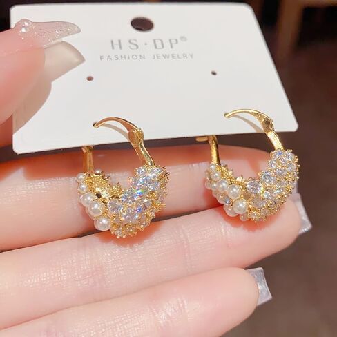 لؤلؤة الزركون هوب أقراط للنساء الفتيات 14K مطلية بالذهب مكعب زركونيا الأزياء لذيذ الحلو مكتنزة الأطواق القرط هيبوالرجينيك تشيكوسلوفاكيا مجوهرات هدايا عيد الميلاد in Kuwait