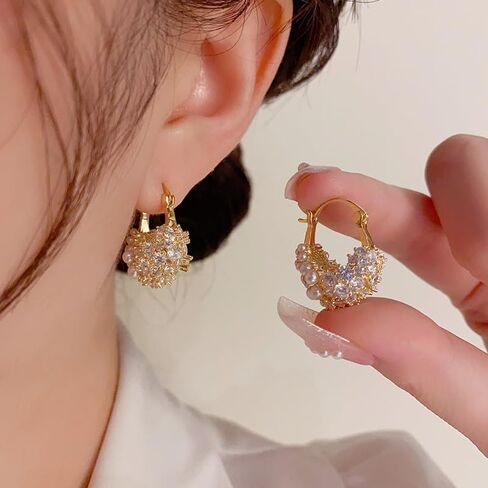 لؤلؤة الزركون هوب أقراط للنساء الفتيات 14K مطلية بالذهب مكعب زركونيا الأزياء لذيذ الحلو مكتنزة الأطواق القرط هيبوالرجينيك تشيكوسلوفاكيا مجوهرات هدايا عيد الميلاد in Kuwait