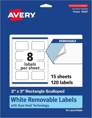 Avery Matte White Removable Rectangle Scalloped Labels with Sure Feed Technology, Print-to-The-Edge, 2" x 3", 200 Removable Labels, Laser/Inkjet Printable Labels in Saudi Arabia