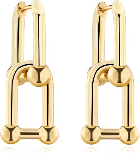 أقراط كروية مطلية بالذهب 18 قيراط للنساء، سلسلة على شكل حرف U أقراط مزدوجة وصلة دائرية مكتنزة أقراط متدلية أقراط هوجي أقراط عصرية هدية للفتيات in Saudi Arabia