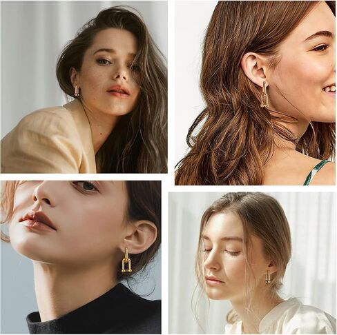 18K Gold Plated Ball Hoop Earrings for Women, U-shaped Chain Double Link Earrings Chunky Circle Hoop Dangle Drop Earrings Huggie Earrings Fashion Jewelry Gift for Girls Her in Saudi Arabia