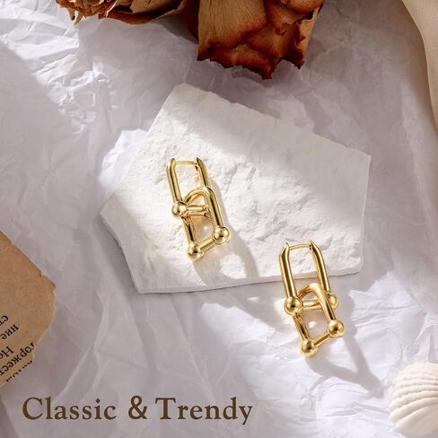 18K Gold Plated Ball Hoop Earrings for Women, U-shaped Chain Double Link Earrings Chunky Circle Hoop Dangle Drop Earrings Huggie Earrings Fashion Jewelry Gift for Girls Her in Saudi Arabia