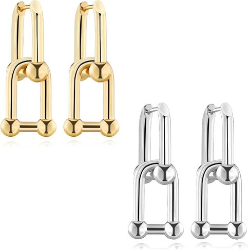18K Gold Plated Ball Hoop Earrings for Women, U-shaped Chain Double Link Earrings Chunky Circle Hoop Dangle Drop Earrings Huggie Earrings Fashion Jewelry Gift for Girls Her in Saudi Arabia