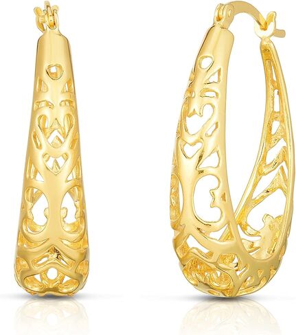 Savlano 925 Sterling Silver Vintage Filigree Hoop Earrings-18K Gold Plated Oval Shape Hoop Earrings for Women & Girls Made in Italy Comes with Gift Box in Saudi Arabia