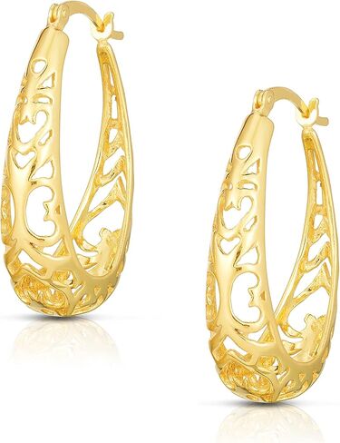 Savlano 925 Sterling Silver Vintage Filigree Hoop Earrings-18K Gold Plated Oval Shape Hoop Earrings for Women & Girls Made in Italy Comes with Gift Box in Saudi Arabia