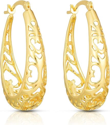 Savlano 925 Sterling Silver Vintage Filigree Hoop Earrings-18K Gold Plated Oval Shape Hoop Earrings for Women & Girls Made in Italy Comes with Gift Box in Saudi Arabia