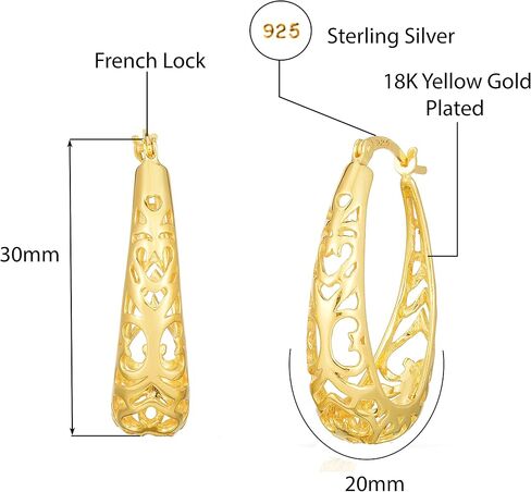 Savlano 925 Sterling Silver Vintage Filigree Hoop Earrings-18K Gold Plated Oval Shape Hoop Earrings for Women & Girls Made in Italy Comes with Gift Box in Saudi Arabia