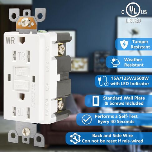 10 Pack - POWAWINI GFCI Outlet 15 Amp, UL Listed, Self-Test with LED Indicator, Tamper-Resistant, Weather Resistant Receptacle Indoor or Outdoor Use with Decor Wall Plates and Screws (White) in Saudi Arabia