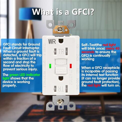 10 Pack - POWAWINI GFCI Outlet 15 Amp, UL Listed, Self-Test with LED Indicator, Tamper-Resistant, Weather Resistant Receptacle Indoor or Outdoor Use with Decor Wall Plates and Screws (White) in Saudi Arabia