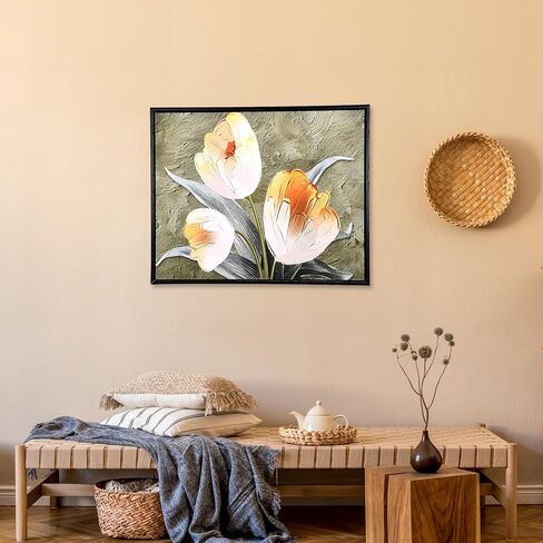 لوحة فنية جدارية من MEANT2TOBE - لوحة زيتية كبيرة ثلاثية الأبعاد للزهور مقاس 19.7 × 15.7 بوصة - ديكور المنزل والهدايا - لوحات فنية جدارية حديثة من الزهور لغرف المعيشة - لوحة باللونين الأخضر والأصفر in Kuwait