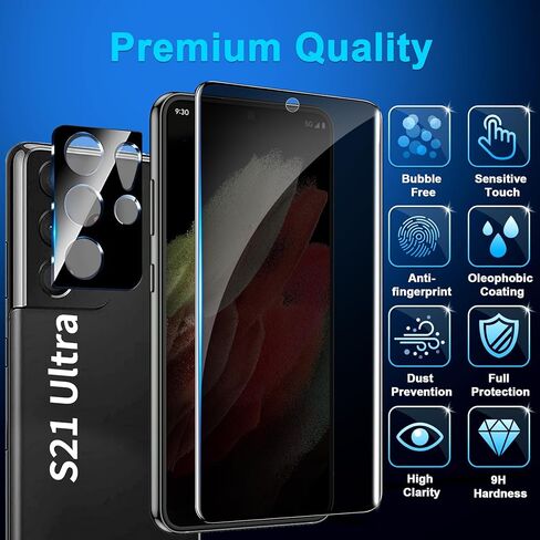[عبوة من قطعتين+1] واقي شاشة فائق الخصوصية لهاتف Galaxy S21، زجاج مقسى 9H، دعم بصمات الأصابع بالموجات فوق الصوتية، منحني ثلاثي الأبعاد، غشاء شفاف عالي الدقة مضاد للتجسس لواقي شاشة زجاجي Samsung S21 Ultra 5G in Kuwait