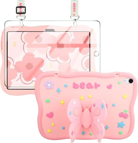 حافظة لجهاز iPad الجيل العاشر 10.9 بوصة 2022 مع واقي شاشة وحزام كتف ومسند نحل العسل للأطفال والبنات غطاء حماية كامل للجسم من السيليكون الناعم اللطيف لجهاز iPad 10 Gen وردي in Kuwait
