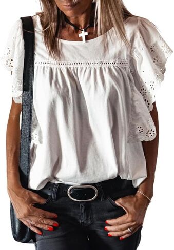 SHEWIN Women's Summer Tops Dressy Casual Crewneck Hollow Out Lace Embroidered Ruffle Short Sleeve Blouses Tshirts in Saudi Arabia