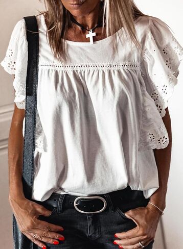 SHEWIN Women's Summer Tops Dressy Casual Crewneck Hollow Out Lace Embroidered Ruffle Short Sleeve Blouses Tshirts in Saudi Arabia