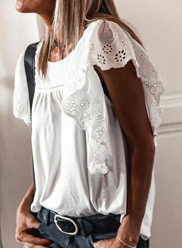 SHEWIN Women's Summer Tops Dressy Casual Crewneck Hollow Out Lace Embroidered Ruffle Short Sleeve Blouses Tshirts in Saudi Arabia