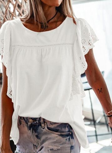 SHEWIN Women's Summer Tops Dressy Casual Crewneck Hollow Out Lace Embroidered Ruffle Short Sleeve Blouses Tshirts in Saudi Arabia