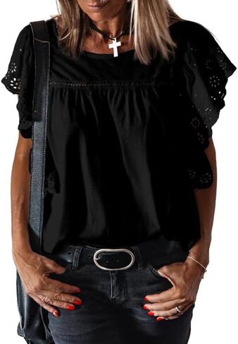 SHEWIN Women's Summer Tops Dressy Casual Crewneck Hollow Out Lace Embroidered Ruffle Short Sleeve Blouses Tshirts in Saudi Arabia