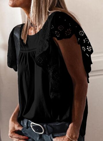 SHEWIN Women's Summer Tops Dressy Casual Crewneck Hollow Out Lace Embroidered Ruffle Short Sleeve Blouses Tshirts in Saudi Arabia