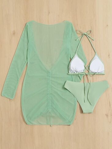 Women's 3 Piece Swimsuits Triangle Halter Bikini Set Drawstring Tie Side Bathing Suits with Cover Up in Saudi Arabia