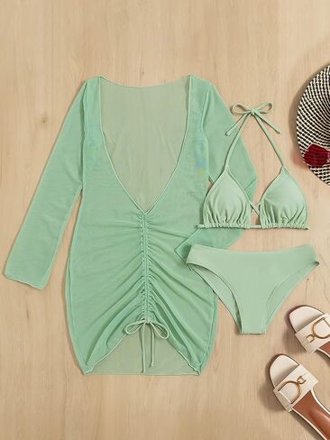 Women's 3 Piece Swimsuits Triangle Halter Bikini Set Drawstring Tie Side Bathing Suits with Cover Up in Saudi Arabia