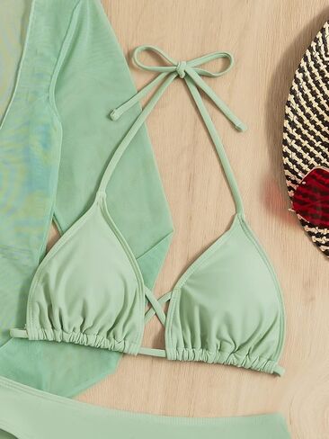 Women's 3 Piece Swimsuits Triangle Halter Bikini Set Drawstring Tie Side Bathing Suits with Cover Up in Saudi Arabia