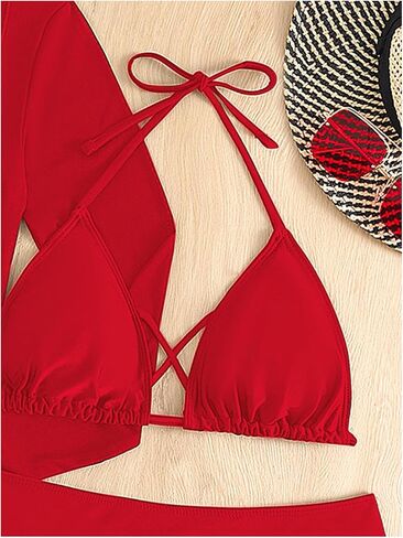 Women's 3 Piece Swimsuits Triangle Halter Bikini Set Drawstring Tie Side Bathing Suits with Cover Up in Saudi Arabia