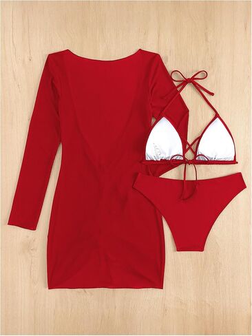 Women's 3 Piece Swimsuits Triangle Halter Bikini Set Drawstring Tie Side Bathing Suits with Cover Up in Saudi Arabia