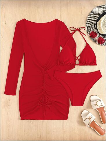 Women's 3 Piece Swimsuits Triangle Halter Bikini Set Drawstring Tie Side Bathing Suits with Cover Up in Saudi Arabia
