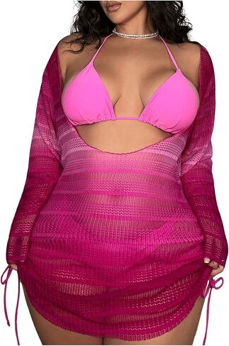 Women's 3 Piece Swimsuits Triangle Halter Bikini Set Drawstring Tie Side Bathing Suits with Cover Up in Saudi Arabia