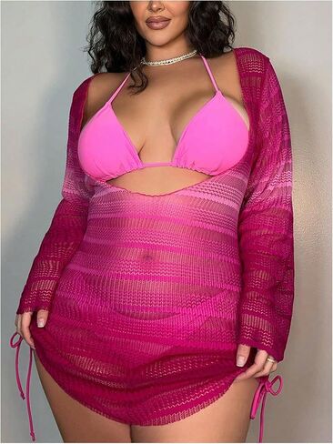 Women's 3 Piece Swimsuits Triangle Halter Bikini Set Drawstring Tie Side Bathing Suits with Cover Up in Saudi Arabia