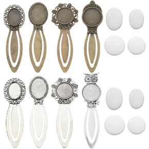 SUNNYCLUE 1 Box 16Pcs DIY 8 Sets Cabochon Bookmarks Vintage Style Cabochon Bezel Blanks Antique Bronze Silver Bookmark Trays Book Mark Clips Clear Glass Cabochons Bookmark Making Kit for Students