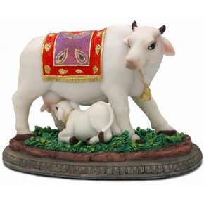 Hindu God Cow Calf Statue- 6.7" L Indian Idol Cow with Calf Figurines Gifts for Indian Friends Family Friends Family Diwali Gifts Murti Pooja Item Home Office Mandir Temple Puja Decor