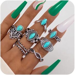 Turquoise Rings for Women Bohemian Turquoise Ring Set Vintage Western Rings for Finger Stackable Knuckle Rings Turquoise Jewelry Gifts