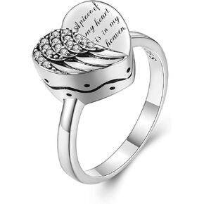 Cremation Ring for Ashes 925 Sterling Silver Angel Wings Heart Rings Always in My Heart Urn Keepake Ring Women Memorial Jewelry for Pet Human Ash