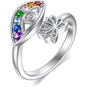 925 Sterling Silver Evil Eye & Lotus Ring 7 Chakra Cubic Zirconia Adjustable Open Ring Jewelry Gift for Women
