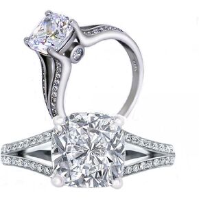 101 Facets 2 Carats Realistic Princess Cushion Cut NSCD Simulated Diamond Solitaire Split Shank Ring 925 Silver Platinum Plated