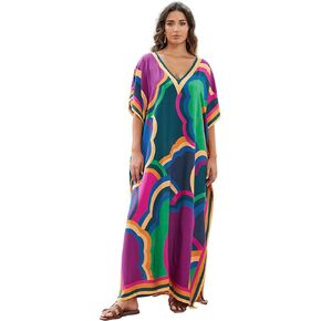 RanRui Women's Beach Cover Up cloud Caftan Dress Color Block Oversized Geometry Print batwing sleeve kaftan dresses for women