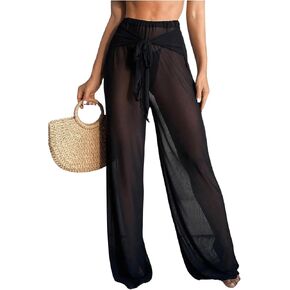 GORGLITTER Women's Sheer Mesh Cover Up Pant See Through Tie Front Swimsuit Coverups Wide Leg Beach Pants in Saudi Arabia