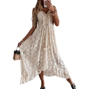 Women's V Neck Boho Hollow Floral Lace Spaghetti Straps Summer Long Swing Beach Dresses